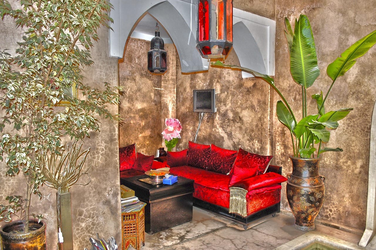 Breakfast in the courtyard of a riad. The mornings are cool, and the light is soft until ten.